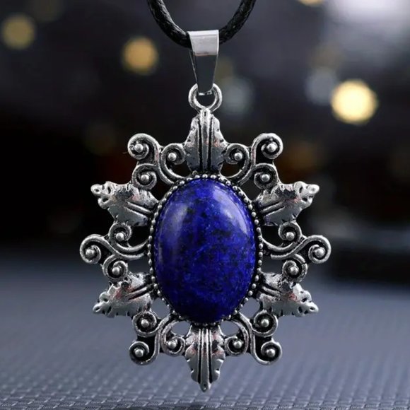 Lapis Lazuli Natural Stone Sunflower Pendant Hollow Pattern Gemstone Necklace - Picture 1 of 2